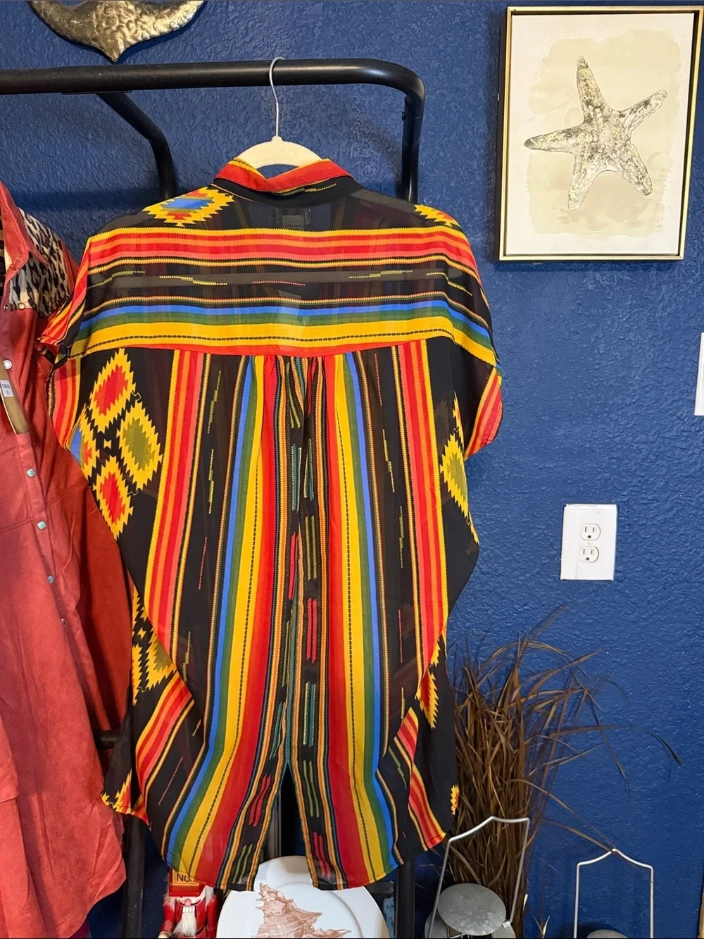 Womens Short-Sleeve Button-Down Shirt in Black with Red & Yellow Stripes